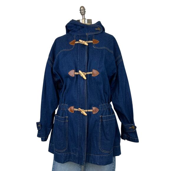 Vintage 80's Retro Leslie Fay Toggle Denim Hooded Chore Coat Barn Jacket (Sz M) - Picture 1 of 16